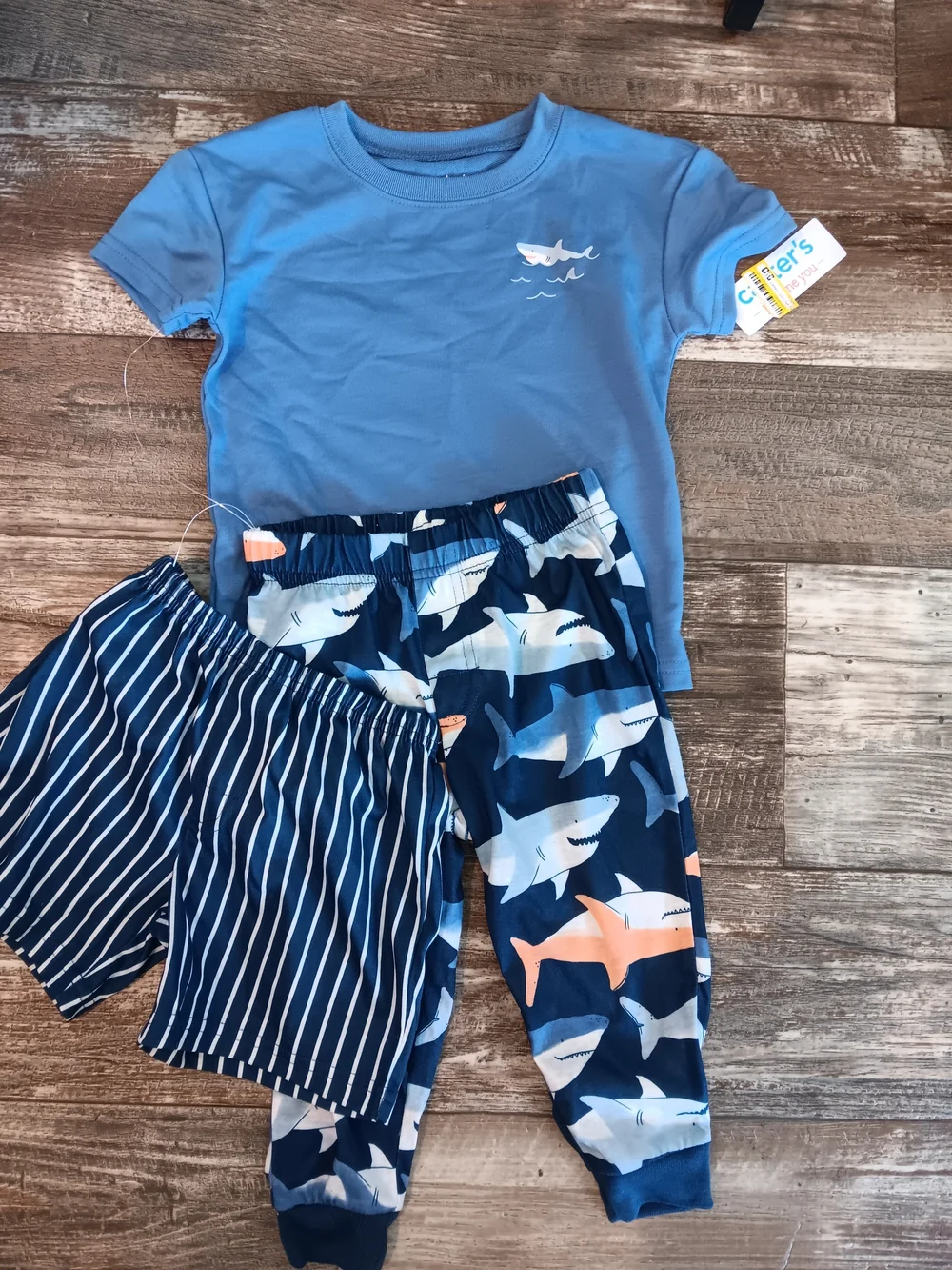 Carter's -Kids Blue Shark Pajama Set - Short Sleeve Top & Two Bottoms Size 2T